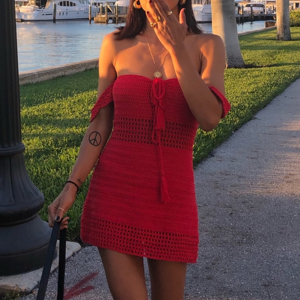 Red crochet mini dress
